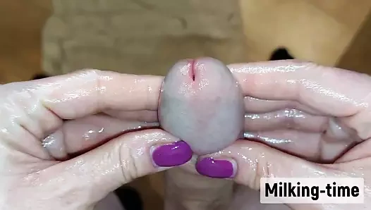 İki el penis ucunu arkadan kaldırıyor. Vay be hassas bir penisi var! (sağım zamanı)