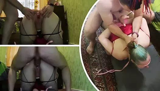 Büyük götlü bağlı bir sahibe ateşli amcığında BDSM tarzında büyük yarakla sikiliyor.