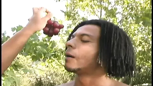 Siyah adam başını alır ve çim üzerinde beyaz sürtük kıçını ve kedi pulluklar