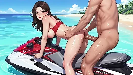 A beautiful woman in a Korean-style comic style, a Korean beauty, on a beautiful seaside motorboat! New style,   AI generated