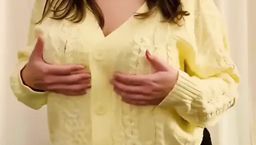 My 36f owner demanded I play with my boobs at home and in public in fetish sweaters. I gladly obeyed her massaging my big tits