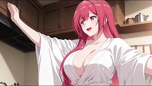Üvey oğul eve erken geldi ve üvey babasının karısını küçük bir bornozla yemek pişirirken yakaladı. Kureha Enomoto Hentai Cosplay