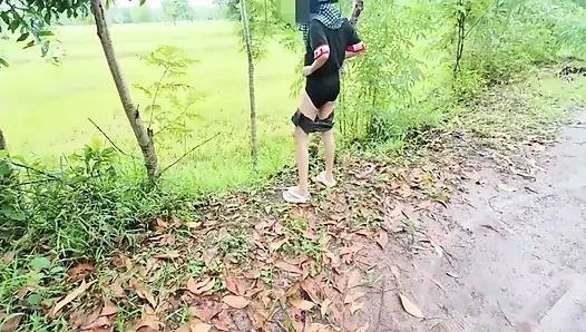 Thai Girl Walking Showing Along the Side of the Field Road in the Countryside Thai Outdoor Public