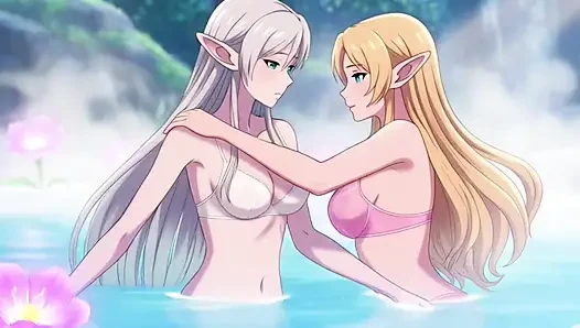 Two beautiful lesbian elves share an intimate night in a magical hot springs
