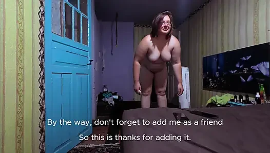 Naked Curvy Brunette on Vibration Platform Reads Comments with English Subtitles