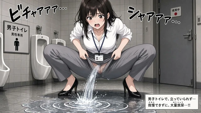 Genç bir Japon kadın erkekler tuvaletinde ve sokakta işiyor.