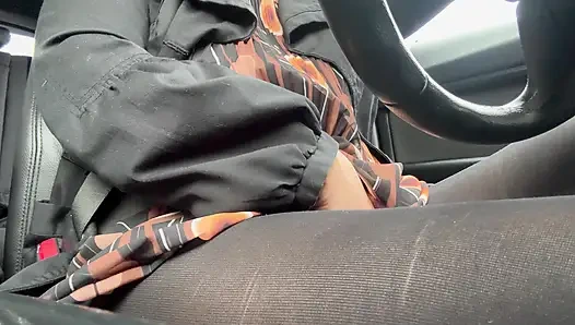 Elegant stepmom drives to the office wearing tights and a beautiful dress