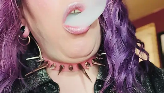 Purple Haired Smoking Goth Tina Snua Smokes Close Up - Coughing Smoke Drifts OMI OME Snap Inhales