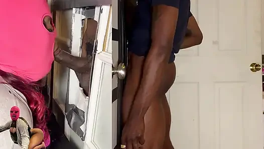 Damlayan Brianna onu gloyhole'da emiyor!