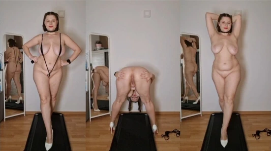 Koşu bandı meme bırakma ve göt deliği göz kırpıyor - tam vücut topuklu ayakkabılarla zıplıyor