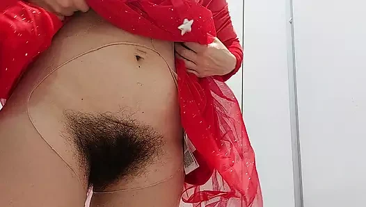Sexy brunette tries on tights, hairy pussy, big ass, big tits. Hairy pussy amateur wife,
