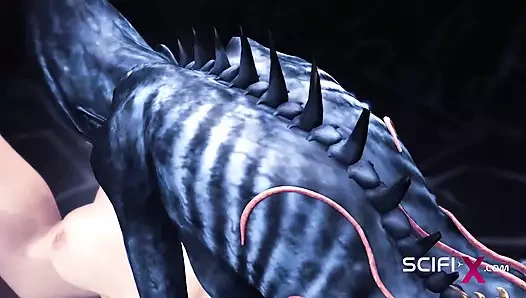 Seksi bir ateşli kız bir kadın uzaylı tarafından bir mağarada exoplanet'te sikiliyor