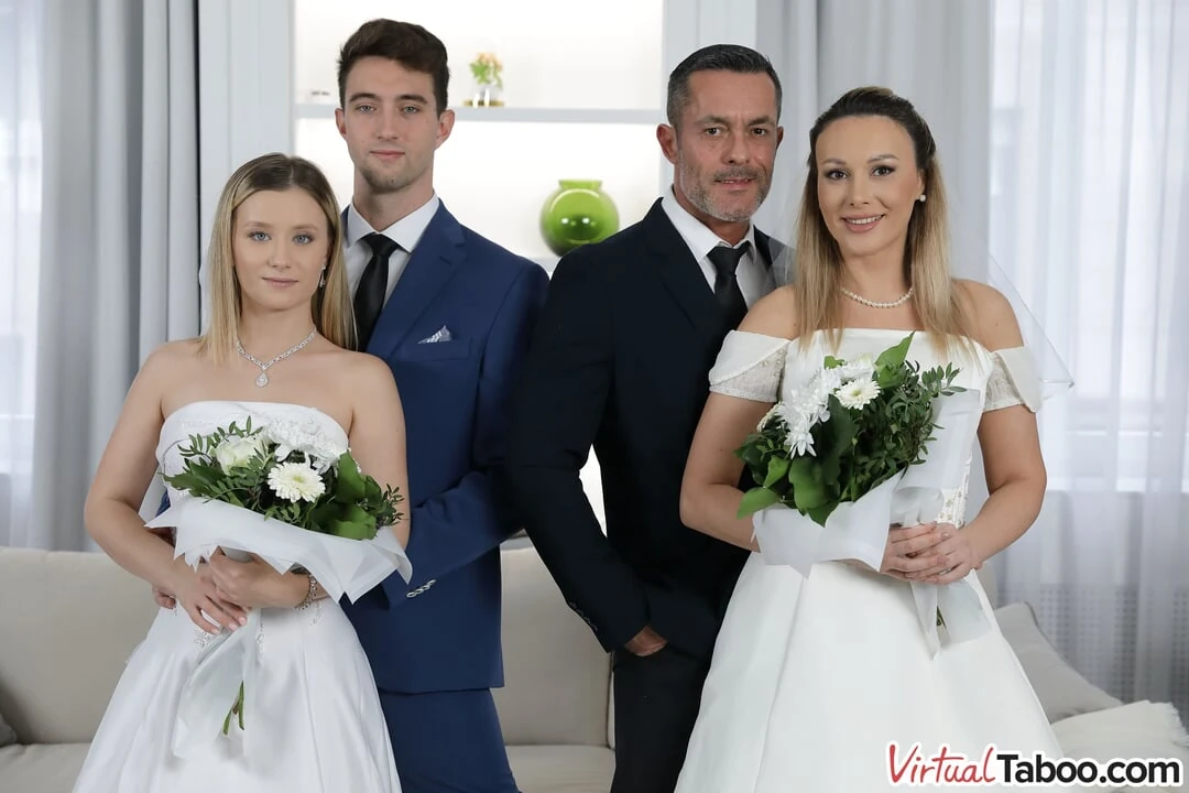 Two hot brides get creampies during group sex