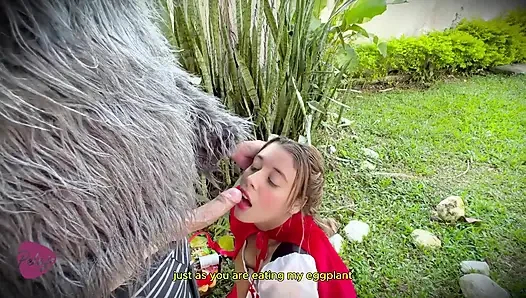 Küçük kırmızı başlıklı kız ormanda kayboldu ve büyük kötü kurt tarafından yarak emmesi için yapıldı