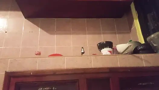 Chubby mom in the kitchen showing thong 2