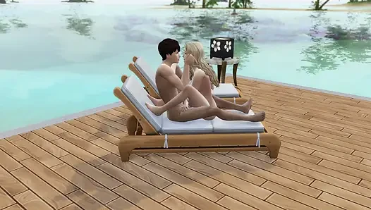 Couple in love have sex in public on the beach. The sims