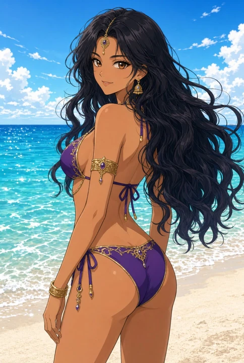 Lilavati Anime Plaj Bikini Omzunun Üzerinden Geriye Bakıyor, Saçları Dalgalanıyor
