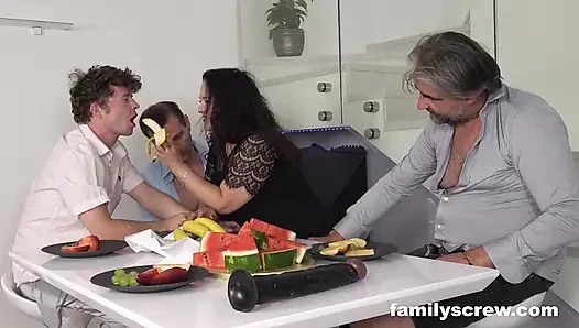 Mature Brunette Enjoys Group Pleasure During Lunch Meeting at FamilyScrew