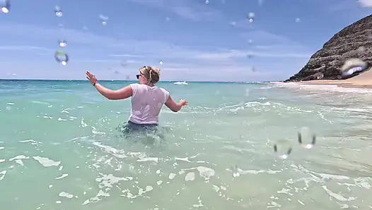 Girl Wetting Jeans in the Ocean and Swimming in Wet White T-shirt