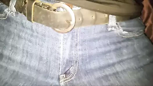 Cumshot on her Levis jeans crotch