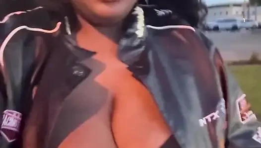 Huge tits outside almost caught+ walking around