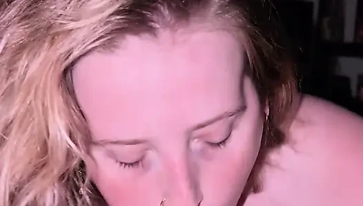 Blonde enjoys working a thick cock in bed
