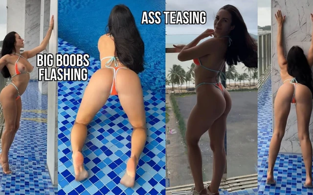 Herkes izlerken ıslak bikinili meme teşhiri