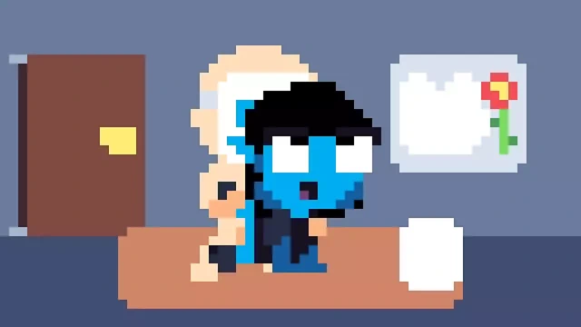 Genç mavi uzaylı kız insan LED maskesine biniyor