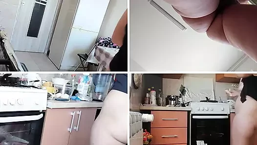 Sexy mom prepares breakfast, hairy pussy, big tits.