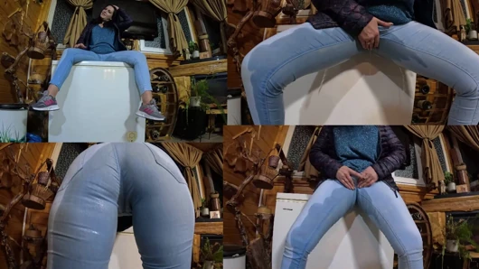 No Panties MILF Soaks Her Jeans. Cameltoe Pee Fetish and Wet Denim