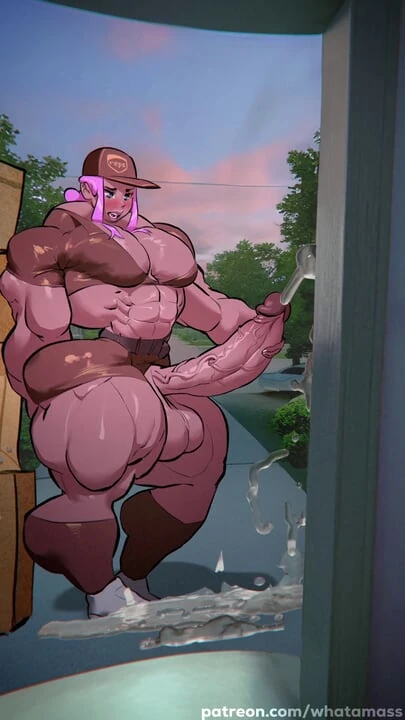 Delivery Futanari Girl cums uncontrollably while showing off her thick muscles to you by lifting and flexing her giantess biceps