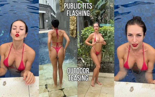 Açık havada bikini azdırıyor, büyük göğüsler teşhir ediyor