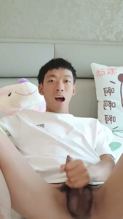 Cute Asian boy dorm bed with teddy bear masturbating moaning cum and eating cum | Clip 1