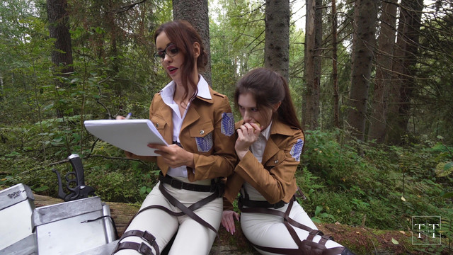 Attack on titan. Sloppy threesome blowjob for commander in the forest