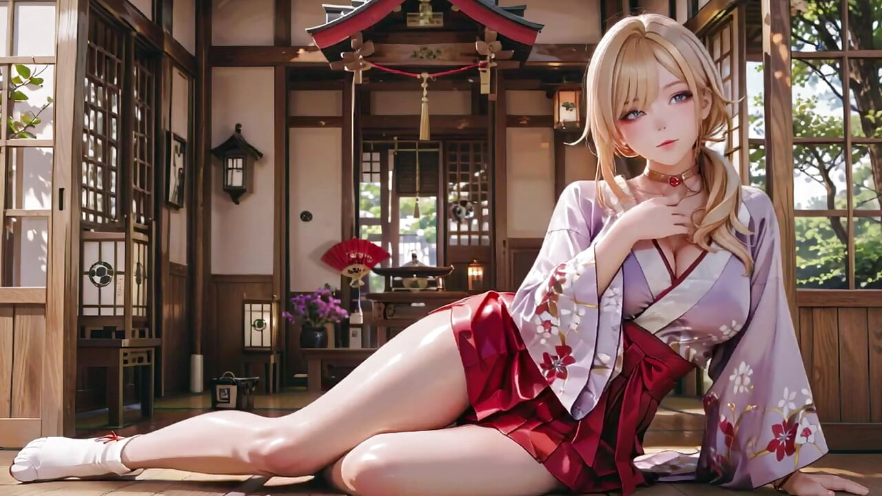 Mor Kimono Fantezisi! Japon Koridorda Sarışın Tanrıça, tembel bakışlar, eller belde, tenini saran güneş ışığı.