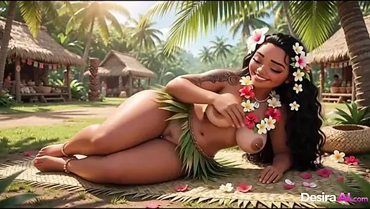 Exótica belleza hula a cuatro patas, hombres tribales mirando sus curvas (generado ia)