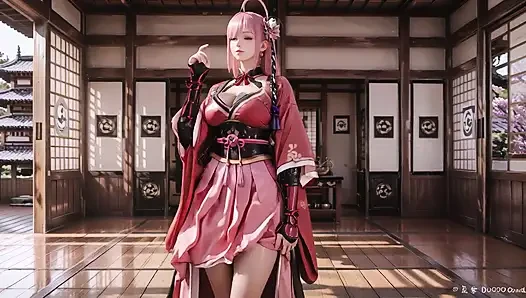Pembe saçlı savaşçı tatami'nin üzerinde diz çöküyor, yüksek yarıklı kimono, kar yağışlı kalçalarını ortaya çıkarmak için kayıyor.