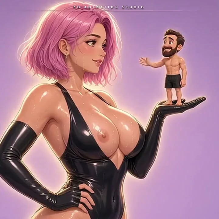 Pembe saçlı anime lateks giantess minik sakallı adamına süt damlatıyor - tokatlıyor ve salyalar inliyor