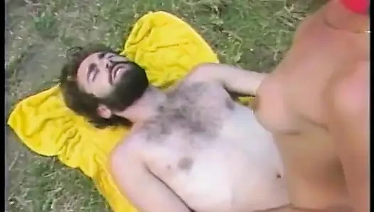 Hairy stud fucks brunette hotties warm wet mouth with his hard cock