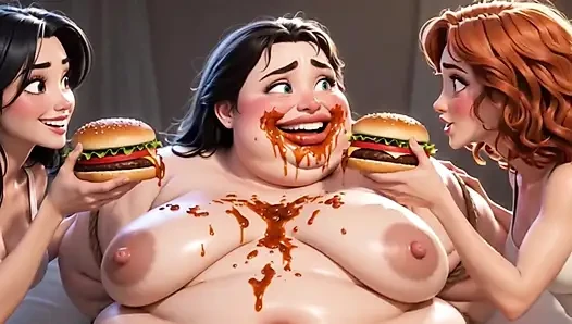 Yemekle kaplı obez çirkin köle - muhteşem sahibeler tarafından aşağılanıyor