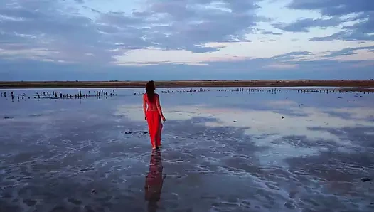 Elton Salt Lake'in kırmızı gün batımında yürüyüş