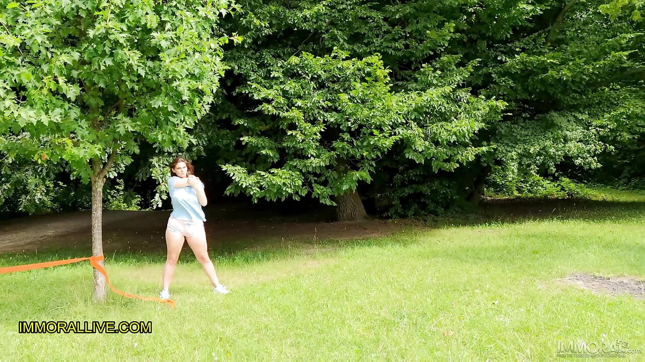 Stepfather and step son pick up busty teen working out in the park - 18-year-old natural big bouncing boobs