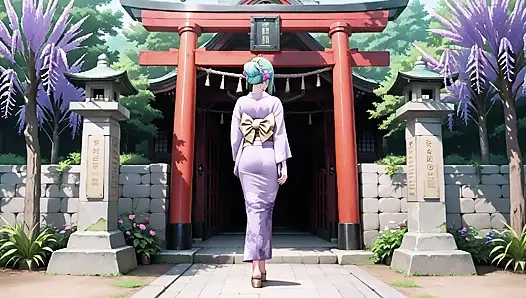 Mor kimono tanrıçası! Kırmızı Torii kapısının altındaki ıslaklığı kaldıramıyorum