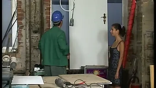 Attractive German babe tries cum in the workshop