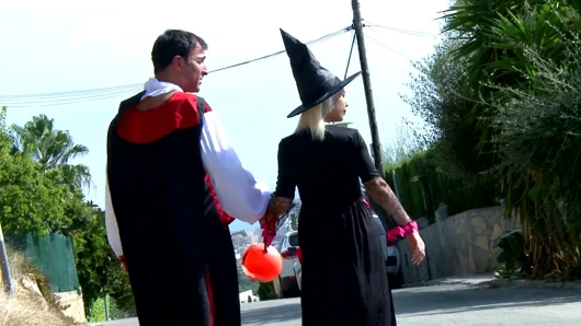 Horny couple sneak out of a Halloween party to fuck