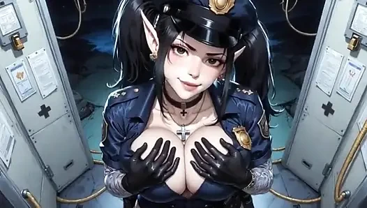 Anime sevimli polis memuru göğüslerini gösteriyor, ai animasyon
