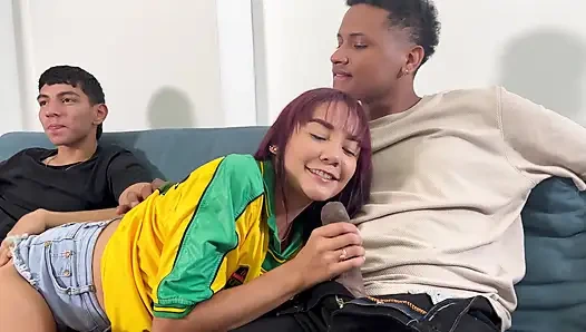 WE FUCK A CO-WORKER AND SHE CHOKES ON TWO BIG COCKS ONE IN PUSSY AND NOW IN THE MOUTH