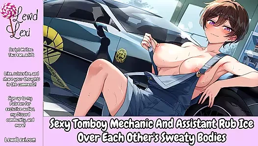 Seksi tomboy tamircisi ve asistan birbirlerinin terli vücutlarını ovuyor - erkekler için erotik ses