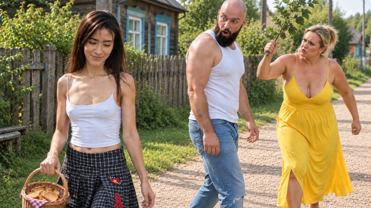 Köyde YENİ AM - İri memeli doğal MILF ile yaşlı ve genç üçlü seks