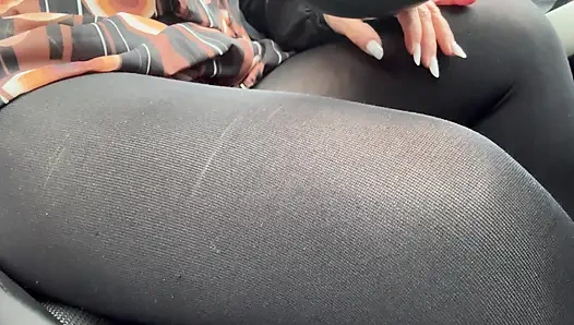 Elegant stepmom drives to the office wearing tights and a beautiful dress